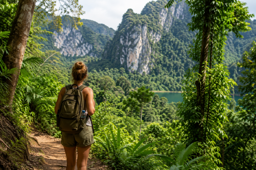 Frau bei einer Dschungelwanderung im Khao Sok Nationalpark mit Blick auf grüne Kalksteinfelsen