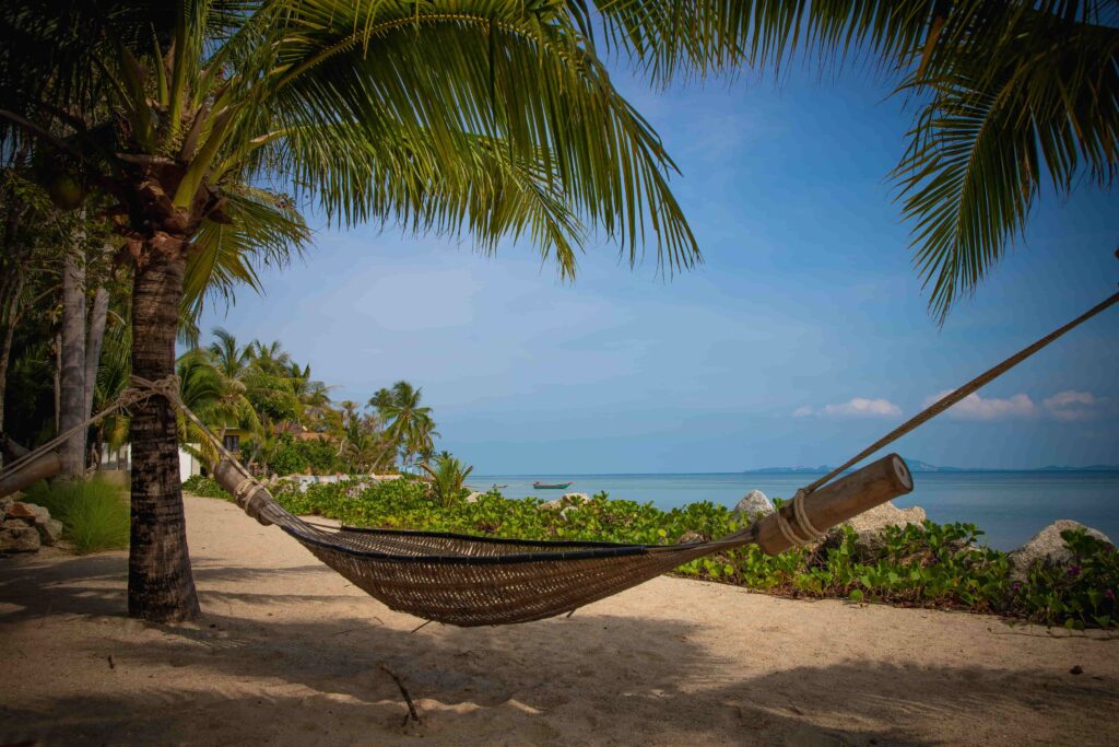 Hängematte unter Palmen an einem ruhigen Strand auf Koh Phangan in Thailand