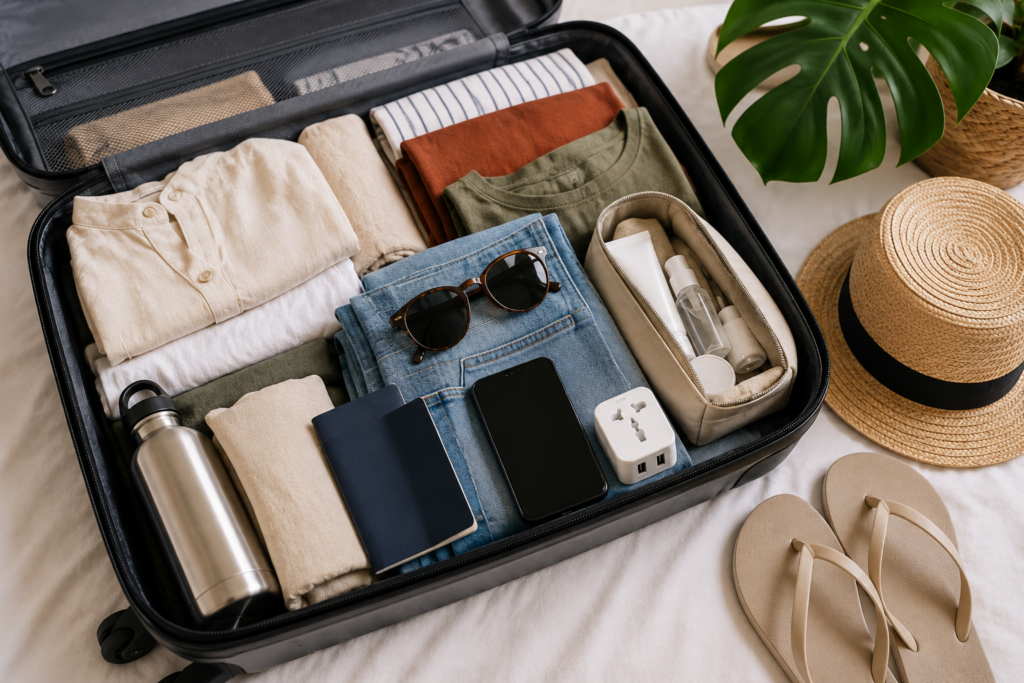 Geöffneter Koffer mit leichter Kleidung, Flip-Flops, Sonnenbrille, Smartphone und Reiseutensilien für Thailand