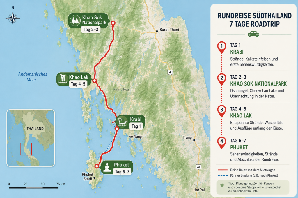 Karte der 7-tägigen Rundreise durch Südthailand mit Route von Krabi über den Khao Sok Nationalpark und Khao Lak bis Phuket