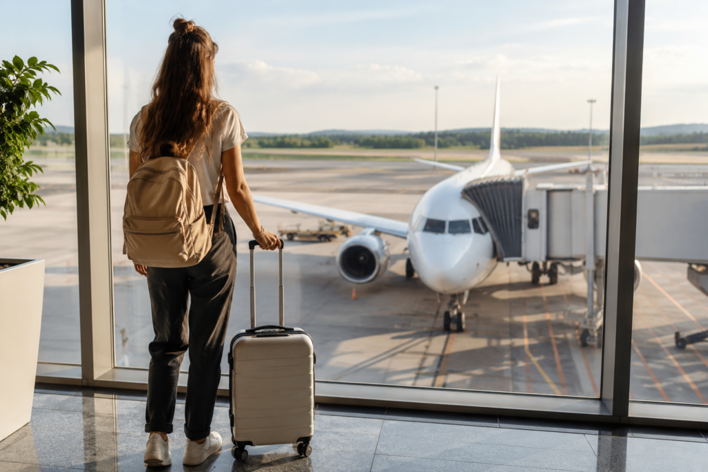 Frau mit Handgepäck und Rucksack am Flughafen vor dem Flug nach Thailand