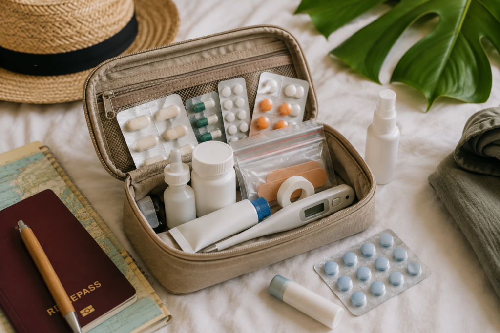 Thailand Reiseapotheke mit Medikamenten, Pflastern, Thermometer und wichtigen Utensilien für unterwegs