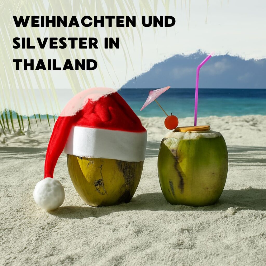 Zwei Kokosnüsse an Weihnachten in Thailand im Sand am tropischen Strand