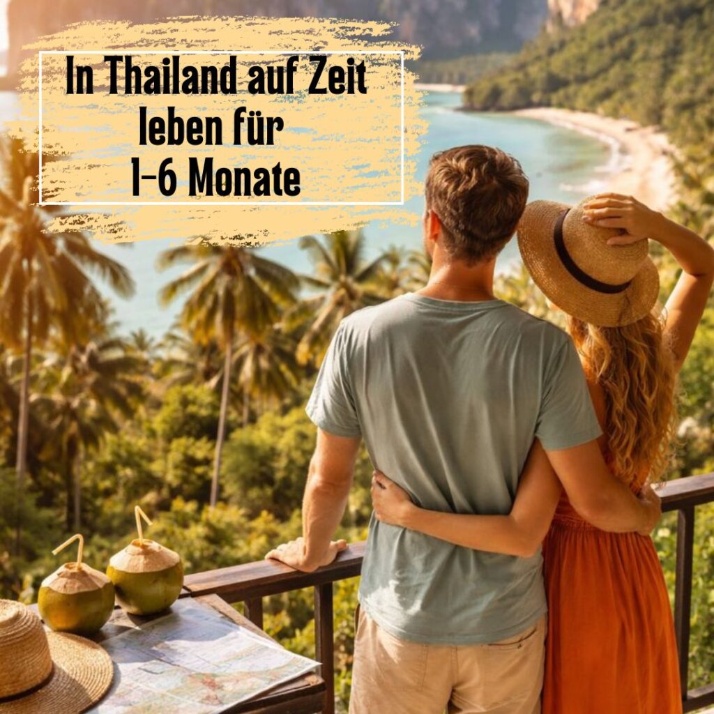 Paar am Balkon in Thailand mit tropischem Ausblick - Thailand auf Zeit testen