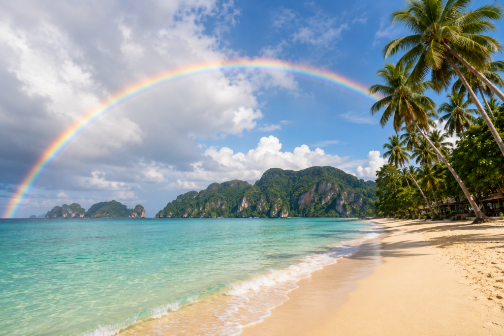 Tropischer Strand in Thailand mit Palmen, Wolken und Regenbogen zur besten Reisezeit