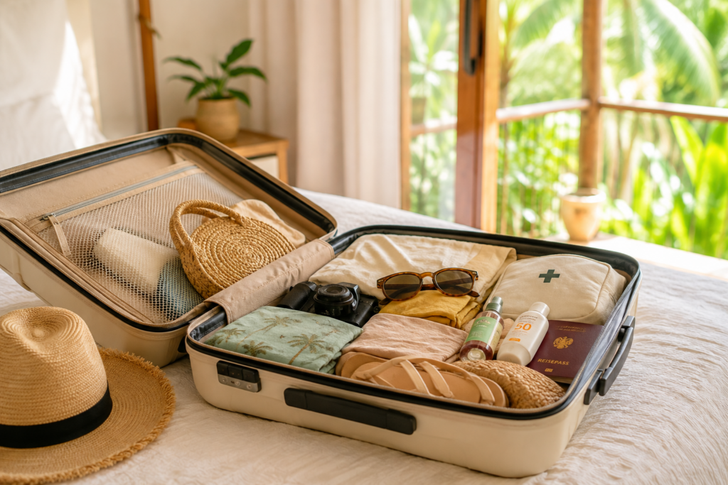Geöffneter Koffer mit Kleidung und Reiseutensilien für die Packliste Thailand