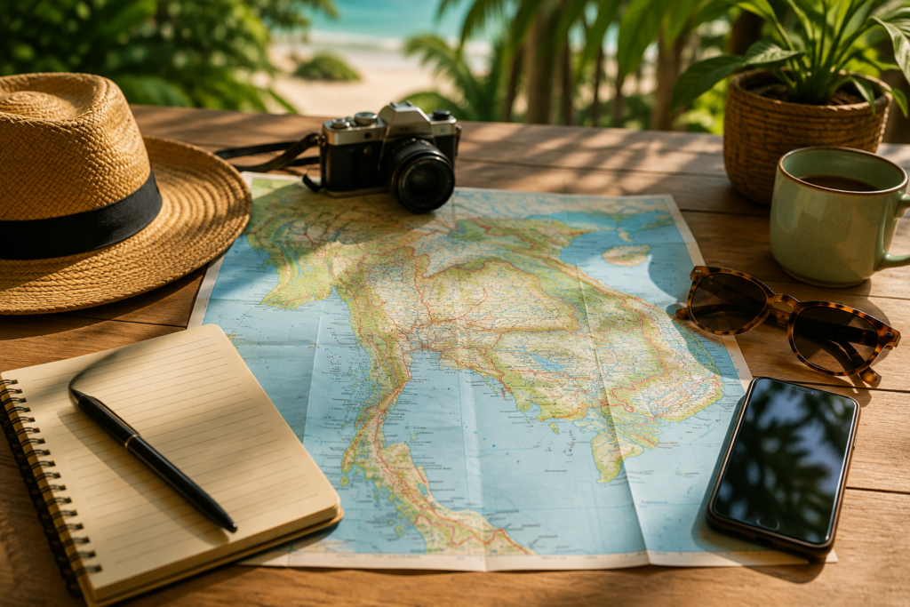 thailandreise-planen-startseite Thailandreise planen mit Landkarte, Notizbuch, Tasse Kaffee und Handy auf einem Holztisch mit tropischem Strand im Hintergrund